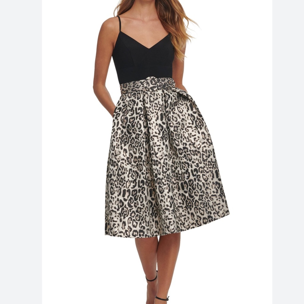 NWT Eliza J Metallic Leopard Print Spaghetti Strap Belted Party Dress 6